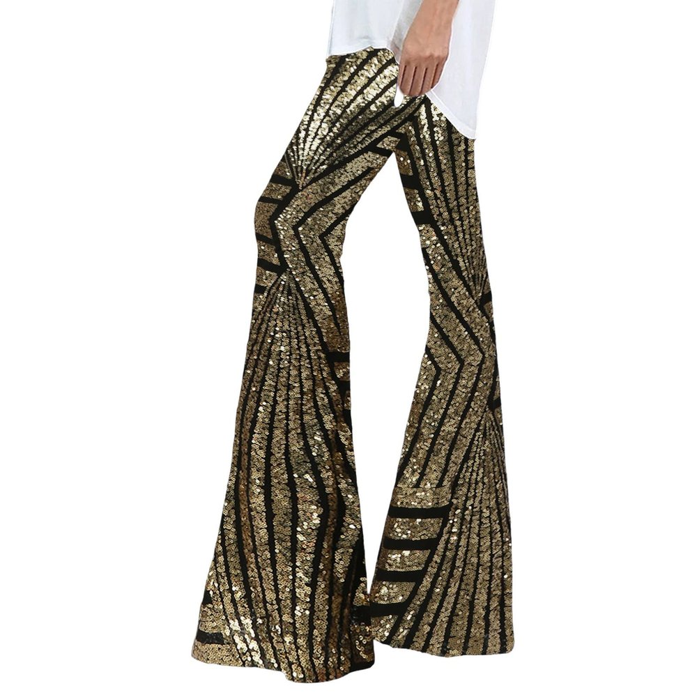 GOKKILRW Womens Sequin Pants High Waisted Sparkle Bell Bottoms Trousers Glitter Wide Leg Palazzo Lounge Flared Pants Disco Dance Party Sparkle Sequin Bling Glitter Trousers Streetwear Gold