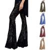 GOKKILRW Womens Sequin Pants High Waisted Sparkle Bell Bottoms Trousers Glitter Wide Leg Palazzo Lounge Flared Pants Disco Dance Party Sparkle Sequin Bling Glitter Trousers Streetwear Gold view 3