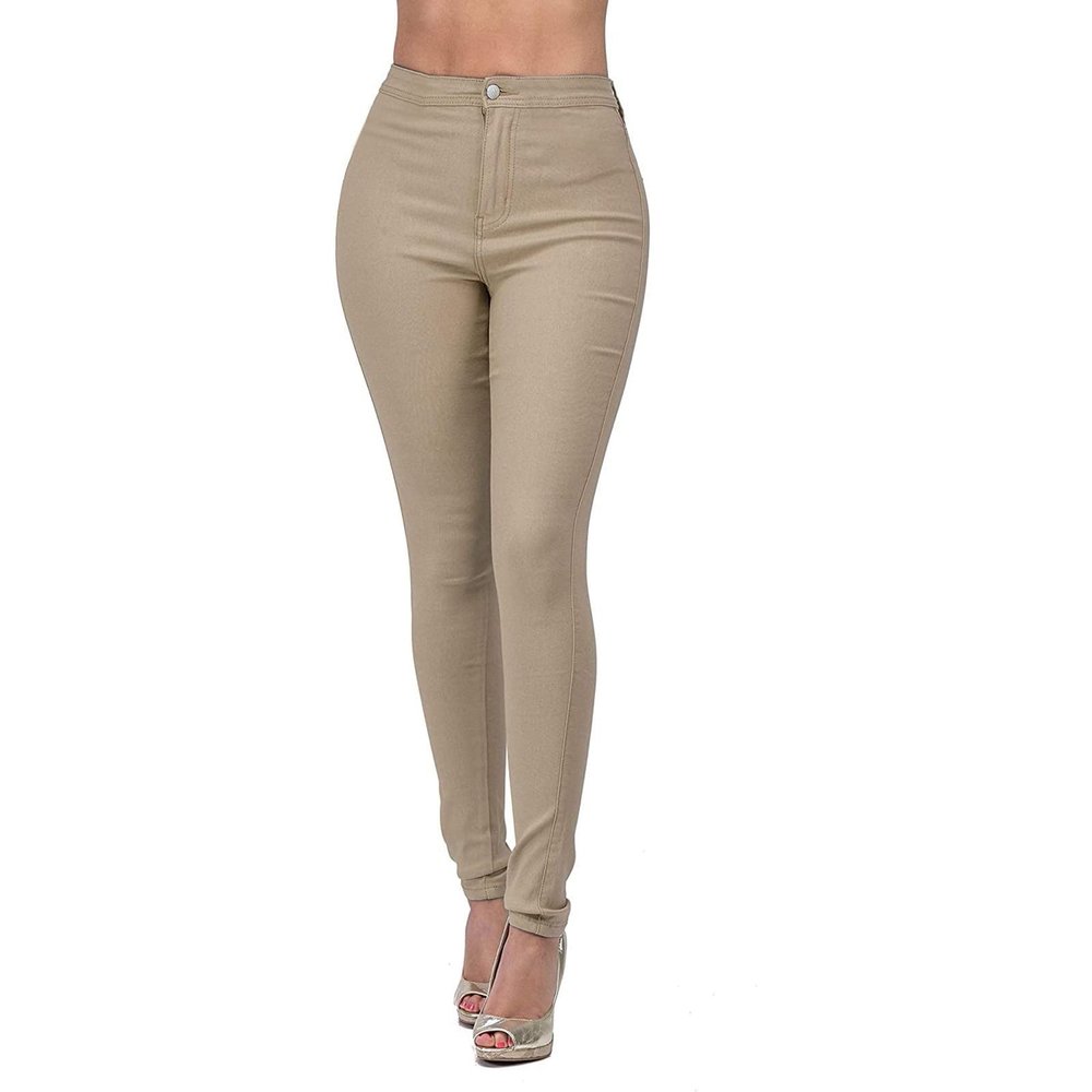GOKKILRW Womens High Waist Stretch Cotton Jeggings with Pockets Pull-On Skinny Moto Biker Leggings Stretchy Slim Fit Skinny Jeans Pencil Denim Pants Tights Khaki