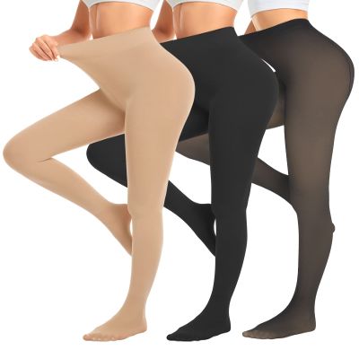 3 Pack Tights for Women 80 Denier Opaque Tights Soft Solid Color High Waist Stretchy Footed Pantyhose (Footed Black+Nude+Black Translucent, Medium)
