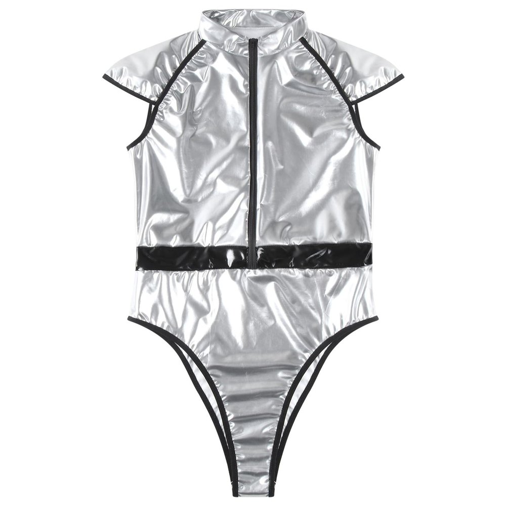 YOOJIA Mens Wetlook Patent Leather Bodysuit Hjgh Cut Leotard Jumpsuit Catsuit Astronaut Cosplay Costume Silver 4X-Large