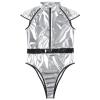 YOOJIA Mens Wetlook Patent Leather Bodysuit Hjgh Cut Leotard Jumpsuit Catsuit Astronaut Cosplay Costume Silver 4X-Large view 1