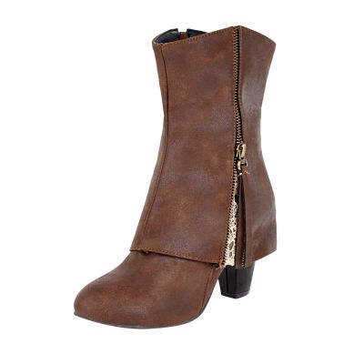 Ankle Boots For Women Fashion Elegant Faux Leather Chunky Mid Heel Mid Calf Boot Zipper Pointed Toe Retro Comfortable Fashion Ladies Fall Winter Boots (Brown, 6.5) Botas para Mujer de Invierno