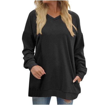 Womens Winter Fall Tops Long Sleeve V-Neck Sweatshirts Lightweight Pullover Solid Casual Shirt 2023 Fashion Clothes Black