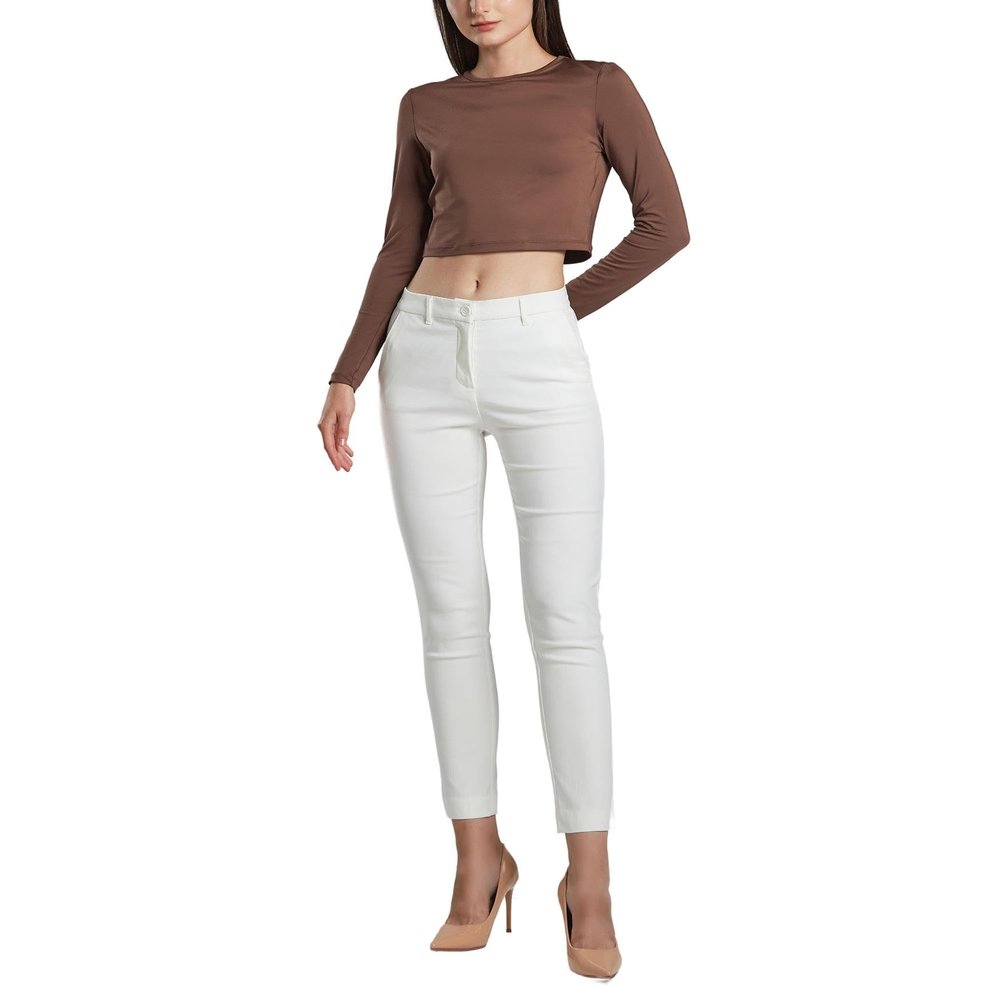 SANDY & SID Cropped Pants for Women Petite Small Size Mid Waist Slim Fit Work Pants Stretch Trousers Slack Casual Office Wear White