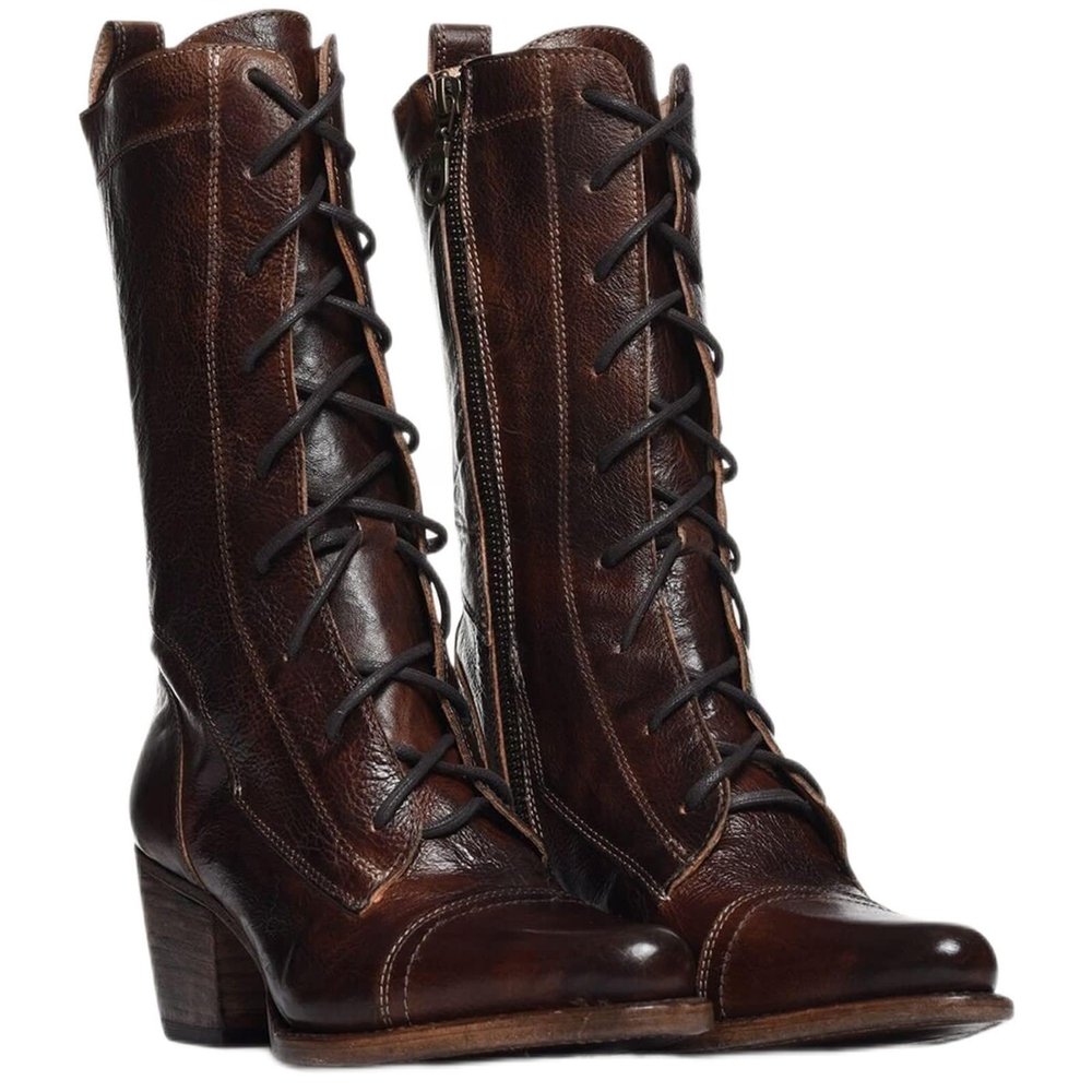 Dsisskai Victorian Boots for Women 2023 Vintage Leather Kitten Heel Witch Costume Renaissance Pirate Boots Retro Lace Up Zipper Women Mid-Calf Boots (Brown, 6.5) Botas para Mujer Elegantes con Tacon