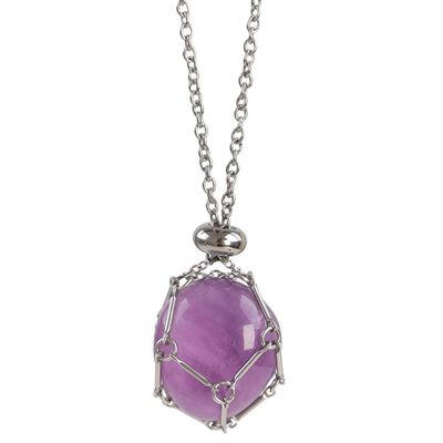 FANASY Crystal Holder Necklace - Stainless Steel Cage for Stones, Crystal Pendant Necklace With Adjustable Length, Natural Gemstone Jewelry for Women Men (Polished Amethyst)