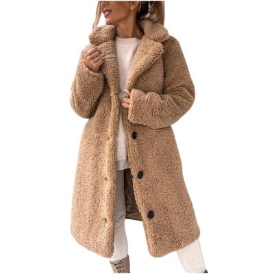 Akivide Women Winter Faux Fur Button Coat Warm Loose Teddy Fuzzy Fleece Sherpa Long Sleeve Lapel Jacket Clothes with Pocket