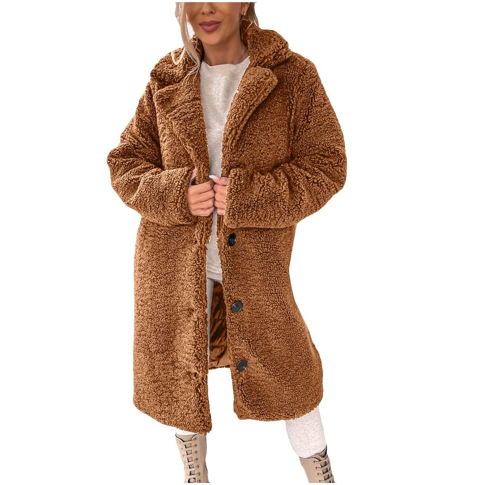 Akivide Women Winter Faux Fur Button Coat Warm Loose Teddy Fuzzy Fleece Sherpa Long Sleeve Lapel Jacket Clothes with Pocket