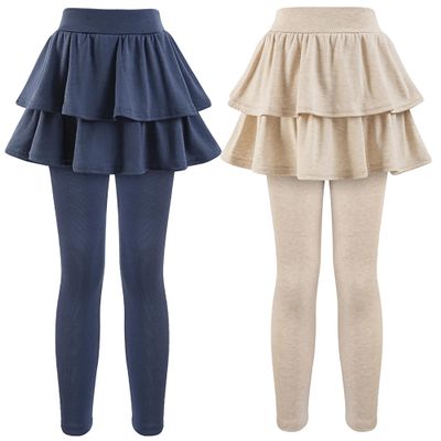 GUOGUOWU Girls School Uniform Pants Leggings with Skirts Stretch Warm Jegging 4-12 Years Navy Blue Khaki 2-Pack 7-8 Years