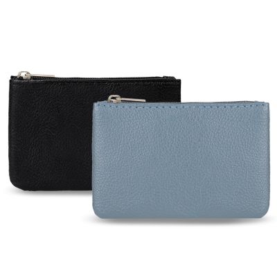 2 Pack Portable PU Leather Zipper Coin Purse - Mini Change Purse for Women, Folded Bills, ID, Key, Headset, Lipstick (Black & Blue)