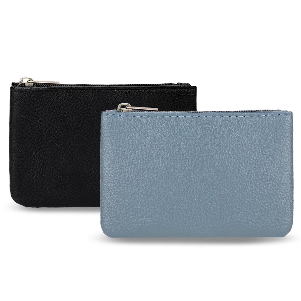2 Pack Portable PU Leather Zipper Coin Purse - Mini Change Purse for Women, Folded Bills, ID, Key, Headset, Lipstick (Black & Blue)