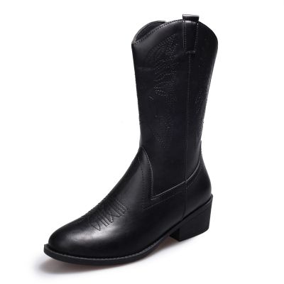 Ladmiple Boots For Women With Heel Embroidered Cowboy Boots for Women, Fashion Western Pointed Toe Chunky Heel Pull-On Knee High Cowgirl Boots