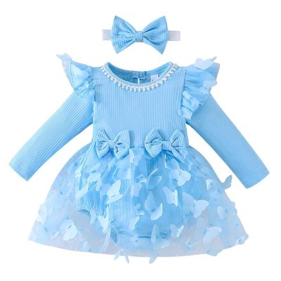 Baby Girls Butterfly Tutu Dress Long Sleeve Ribbed Ruffle Romper Tulle Skirt with Bowknot Headband Infant Toddler Winter Fall first Birthday Outfit Cake Smash Clothes 2PCS Sets Blue Butterfly 12-18 Months