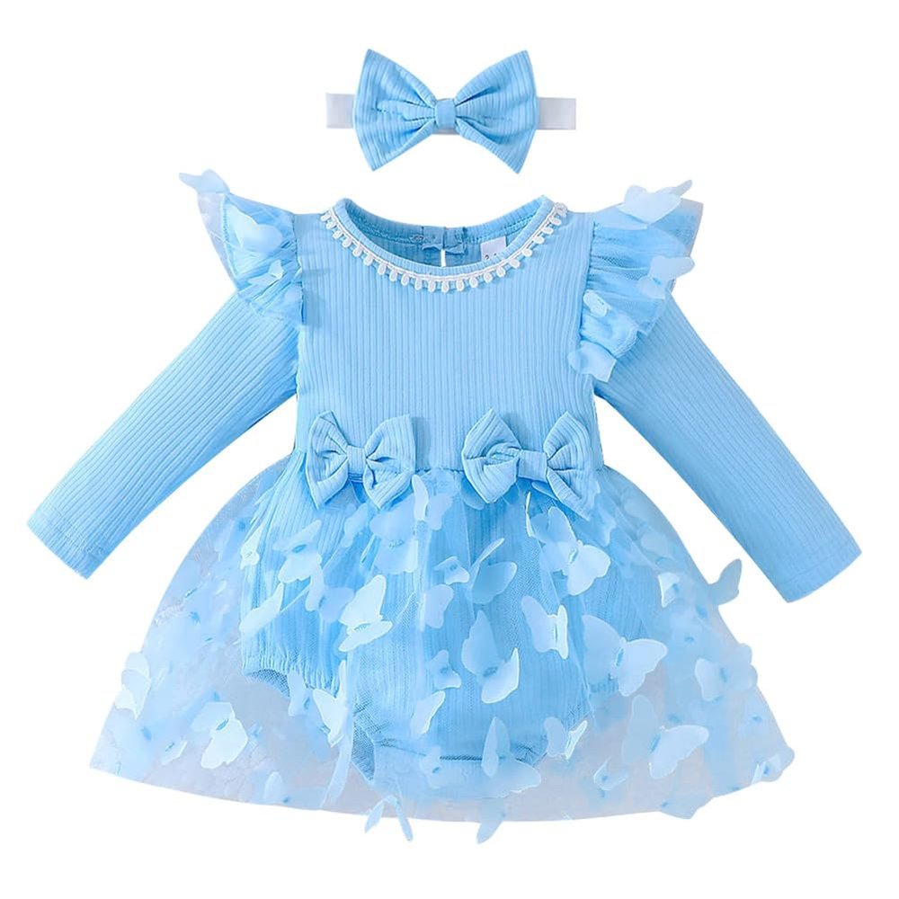 Baby Girls Butterfly Tutu Dress Long Sleeve Ribbed Ruffle Romper Tulle Skirt with Bowknot Headband Infant Toddler Winter Fall first Birthday Outfit Cake Smash Clothes 2PCS Sets Blue Butterfly 12-18 Months