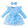 Baby Girls Butterfly Tutu Dress Long Sleeve Ribbed Ruffle Romper Tulle Skirt with Bowknot Headband Infant Toddler Winter Fall first Birthday Outfit Cake Smash Clothes 2PCS Sets Blue Butterfly 12-18 Months view 1