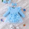 Baby Girls Butterfly Tutu Dress Long Sleeve Ribbed Ruffle Romper Tulle Skirt with Bowknot Headband Infant Toddler Winter Fall first Birthday Outfit Cake Smash Clothes 2PCS Sets Blue Butterfly 12-18 Months view 2