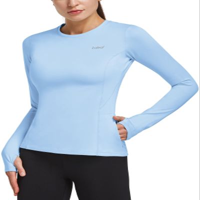 baleaf Women's Thermal Shirts Fleece Tops Long Sleeve Running Workout Compression Cold Weather Athletic Thumbholes Zipper Pocket Light Blue XL