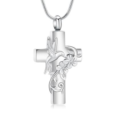 Hearbeingt Urn Necklace for Ashes Hummingbird Cross Cremation Jewelry for Ashes Memorial Urns Pendant Keepsake Jewelry for Men Women(Silver)
