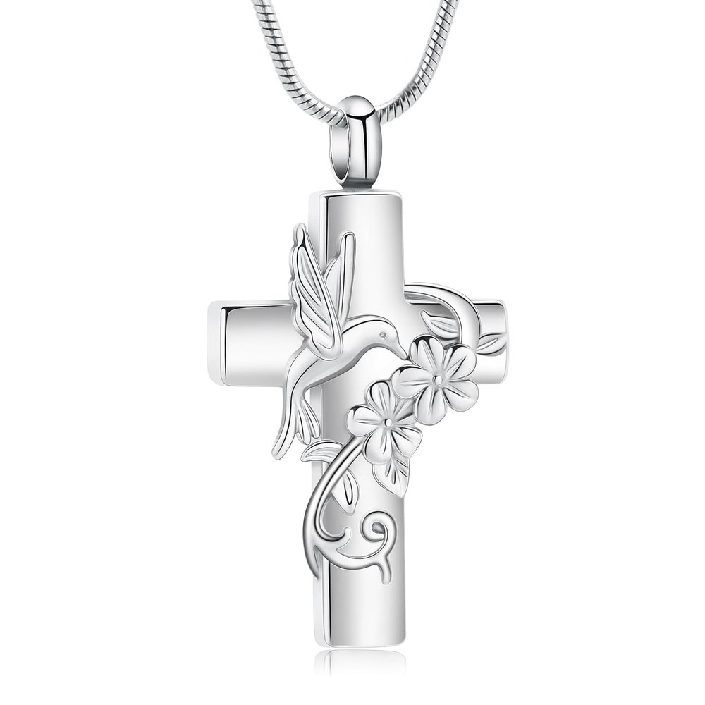 Hearbeingt Urn Necklace for Ashes Hummingbird Cross Cremation Jewelry for Ashes Memorial Urns Pendant Keepsake Jewelry for Men Women(Silver)