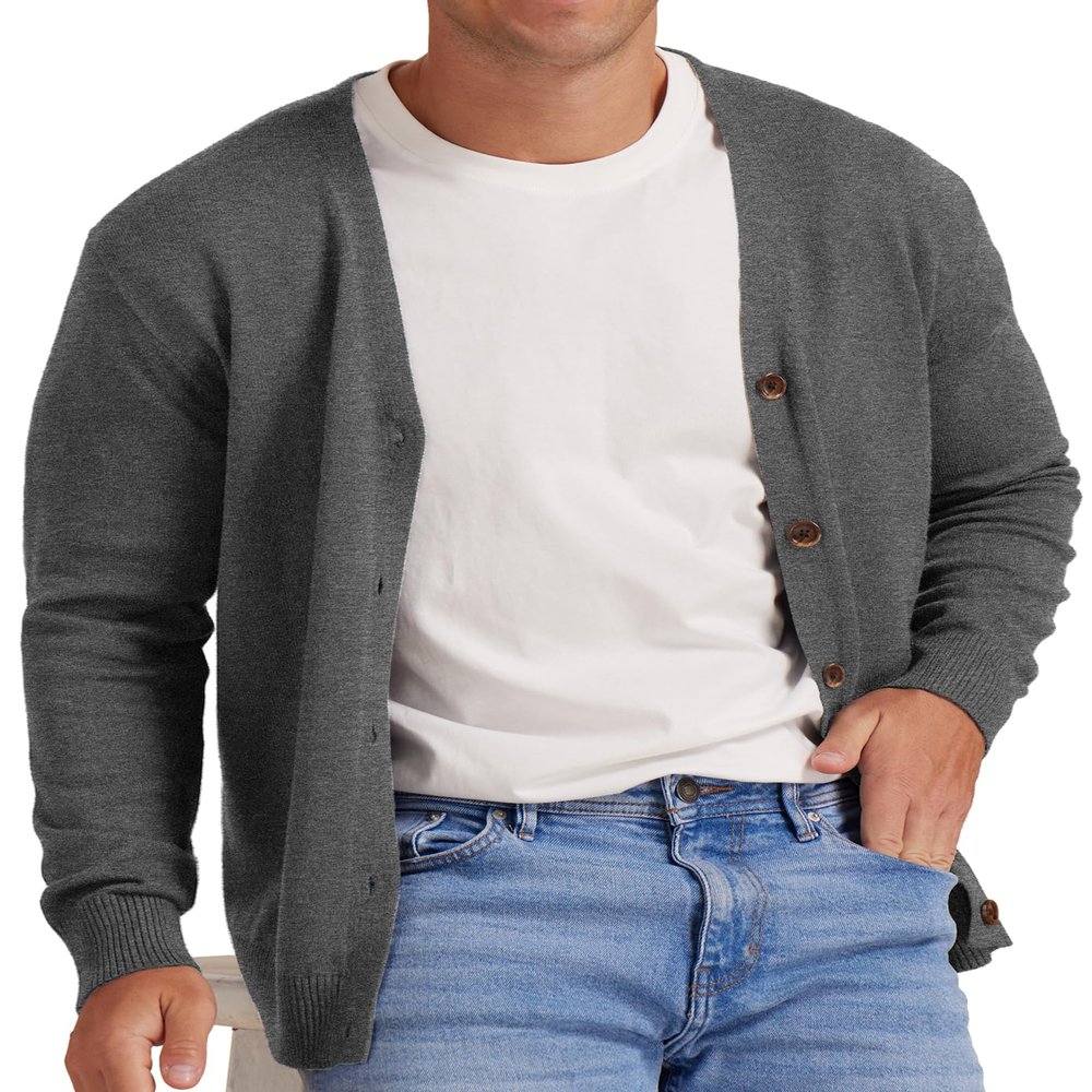 NITAGUT Men's Vintage Striped Long Sleeve Cardigan Sweater with Button V Neck Knitted Sweaters Dark Gray, Large