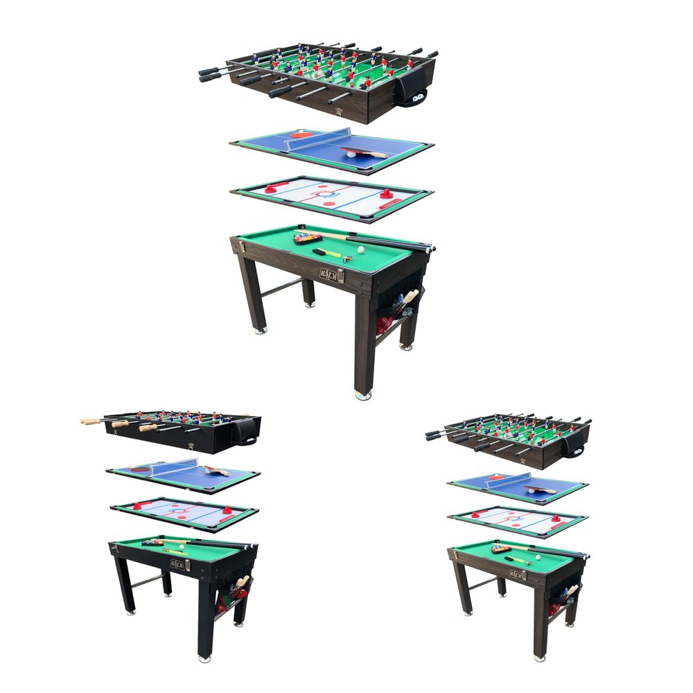 KICK Quad 48" 4-in-1 Multi Game Table (Brown)  Foosball, Billiards/Pool, Air Hockey & Table Tennis  Includes 4 Foosballs, Black ABS Handles, Stainless Steel Rods