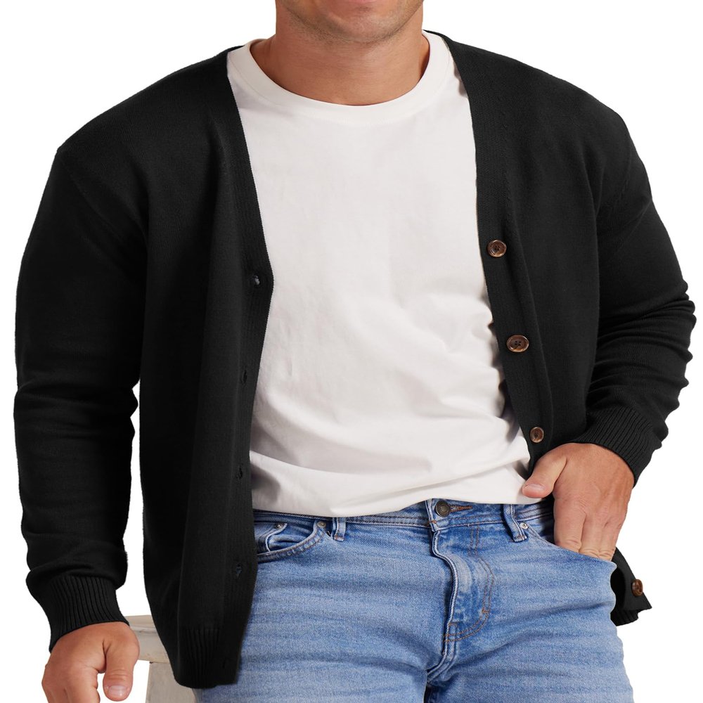 NITAGUT Men's Vintage Striped Long Sleeve Cardigan Sweater with Button V Neck Knitted Sweaters Black, Medium