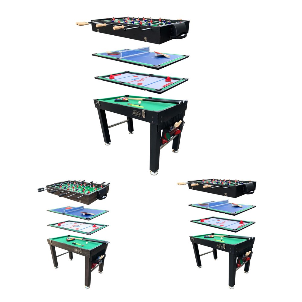 KICK Quad 48" 4-in-1 Multi Game Table  Foosball, Billiards/Pool, Air Hockey & Table Tennis  Includes 4 Foosballs, No-Slip Wooden and Black ABS Handles, Stainless Steel Rods