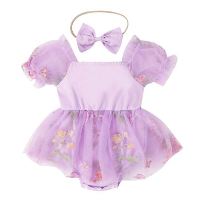 IBTOM CASTLE Baby Girl Clothes set: Princess romper tutu dress tulle Short Puff Sleeve Flower Embroidery Wedding Christmas Dress Up Clothing Sets With headband Purple 0-3 Months