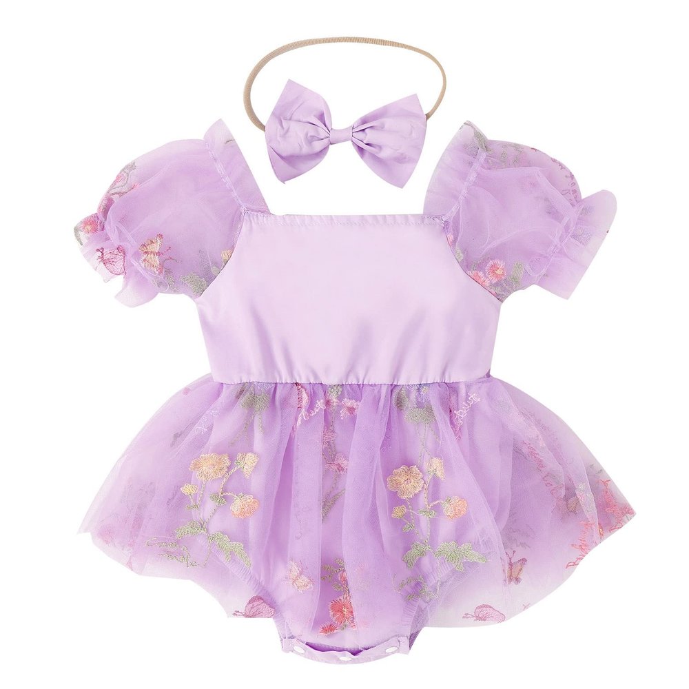 IBTOM CASTLE Baby Girl Clothes set: Princess romper tutu dress tulle Short Puff Sleeve Flower Embroidery Wedding Christmas Dress Up Clothing Sets With headband Purple 0-3 Months