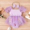 IBTOM CASTLE Baby Girl Clothes set: Princess romper tutu dress tulle Short Puff Sleeve Flower Embroidery Wedding Christmas Dress Up Clothing Sets With headband Purple 0-3 Months view 2
