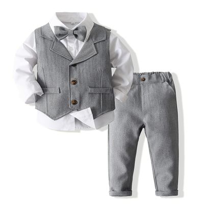 Pofiko Toddler Boy Dress Clothes Kids Suit Formal Outfits Shirt + Bowtie + Vest + Pants Boys Gentleman Clothing Sets Gray