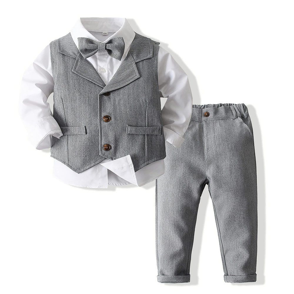 Pofiko Toddler Boy Dress Clothes Kids Suit Formal Outfits Shirt + Bowtie + Vest + Pants Boys Gentleman Clothing Sets Gray