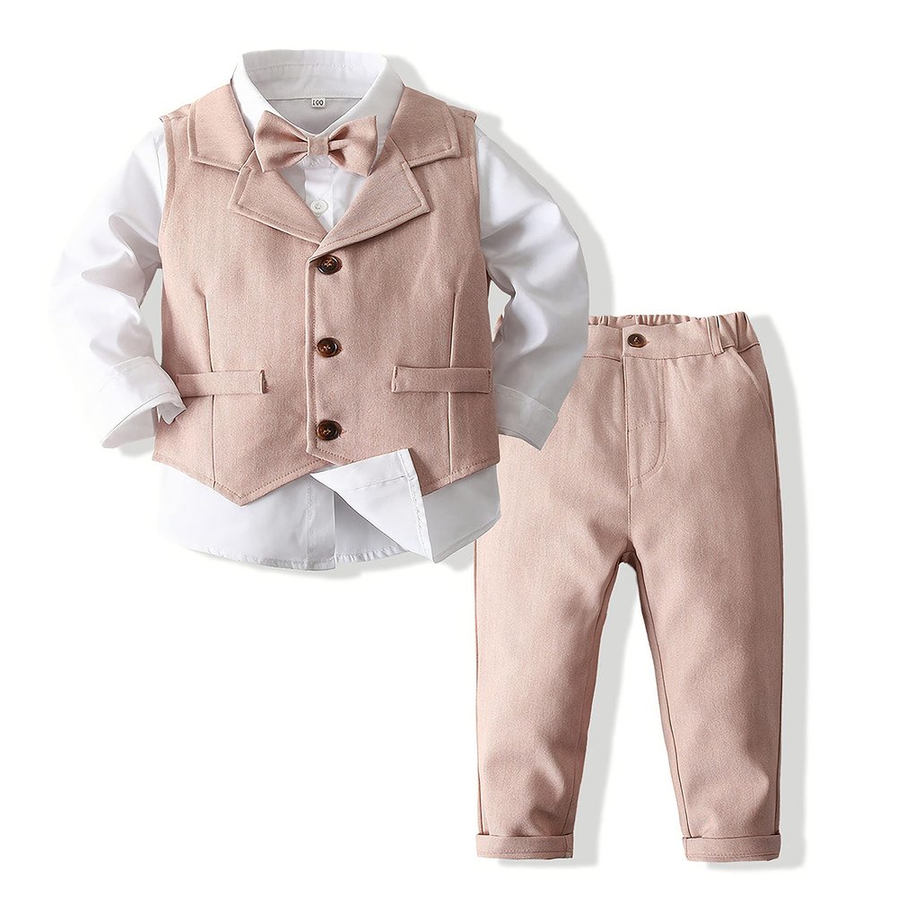 Pofiko Toddler Boy Dress Clothes Kids Suit Formal Outfits Shirt + Bowtie + Vest + Pants Boys Gentleman Clothing Sets Light Pink