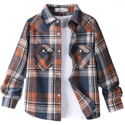 Aimehonpe Boys Girls Flannel Plaid Shirts Long Sleeve Spring Buffalo Western Button Down Shirt Vintage Lightweight, BloodOrange, Medium
