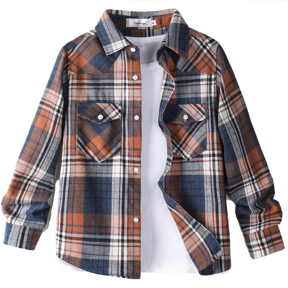 Aimehonpe Boys Girls Flannel Plaid Shirts Long Sleeve Spring Buffalo Western Button Down Shirt Vintage Lightweight, BloodOrange, Medium