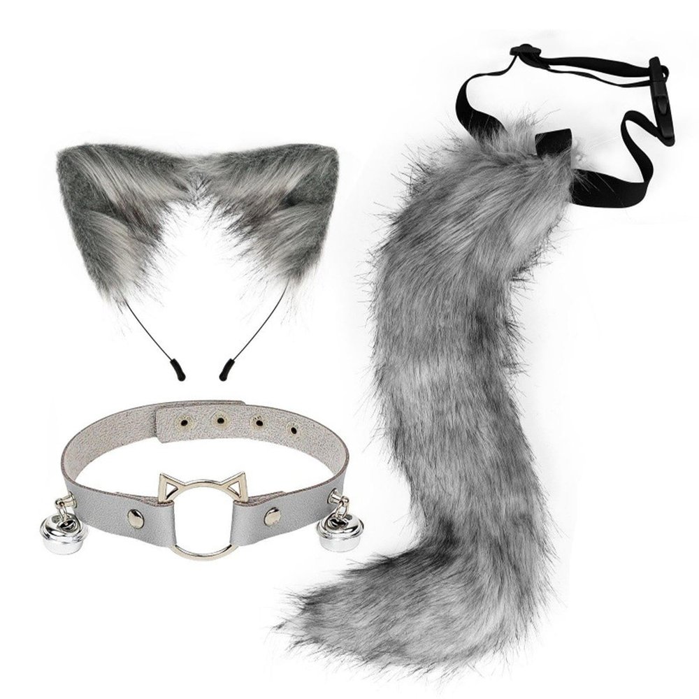 MYCENSE Ears and Tail Ears Hair Clip Lolita Fancy Dress Long Tail Gifts with Choker Cosplay Hair Hoop Headdress for Christmas Masquerade Party, Grey