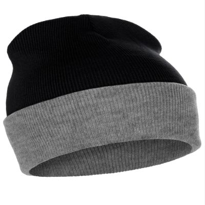 Classic Plain Tow-Tone Cuffed Beanie Winter Knit Hat Skully Cap, Black Grey
