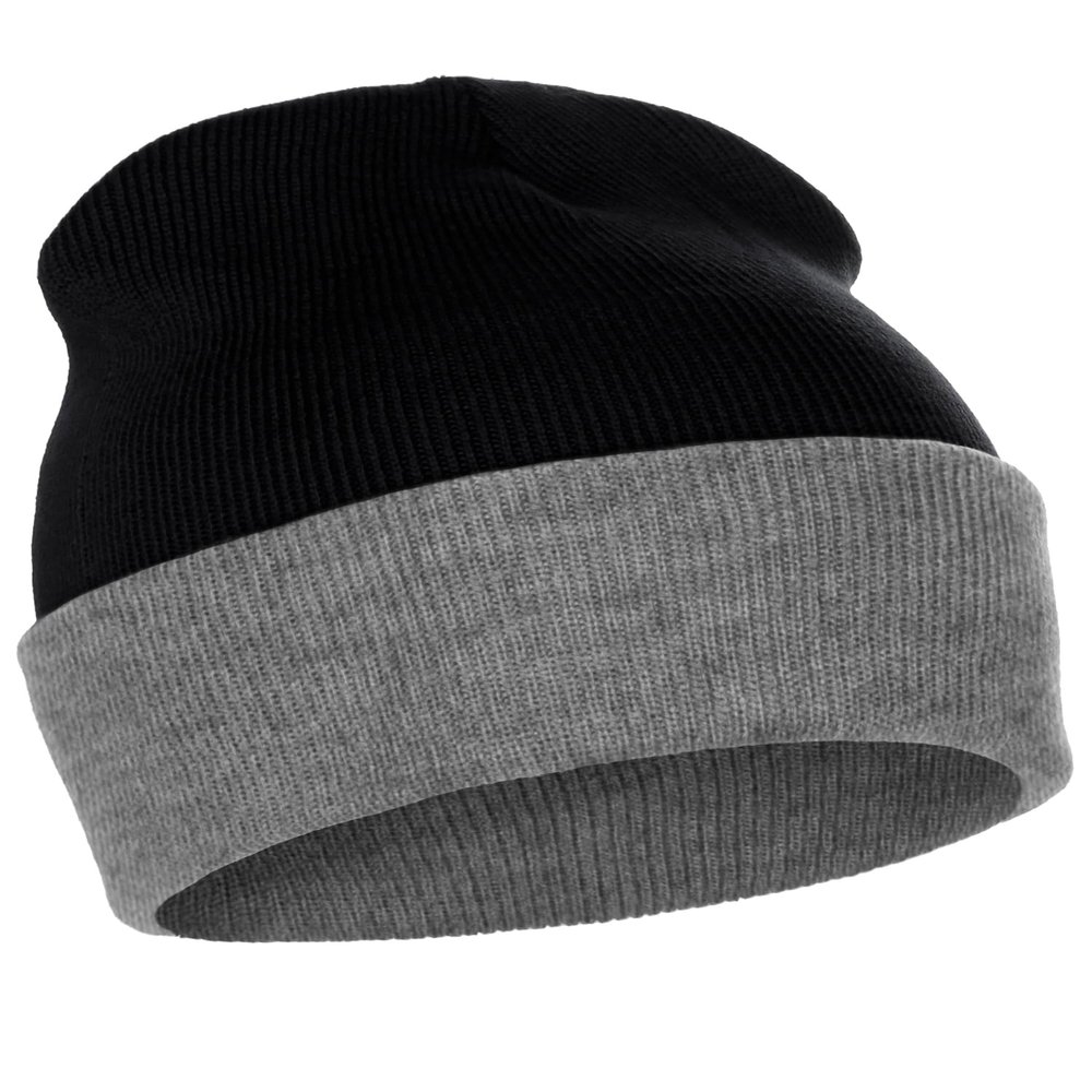 Classic Plain Tow-Tone Cuffed Beanie Winter Knit Hat Skully Cap, Black Grey