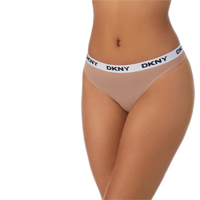 DKNY Women's Underwear Microfiber Contrast Logo Thong Panties 3 Pack Multipack - Black/Aluminum/Caf, Large