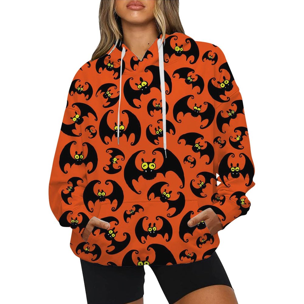 ZYXTIM Halloween Sweatshirts for Women Long Sleeve Bat Graphic Drawstring Pockes Hoodie Loose Fashion Casual Pullover Tops Blue
