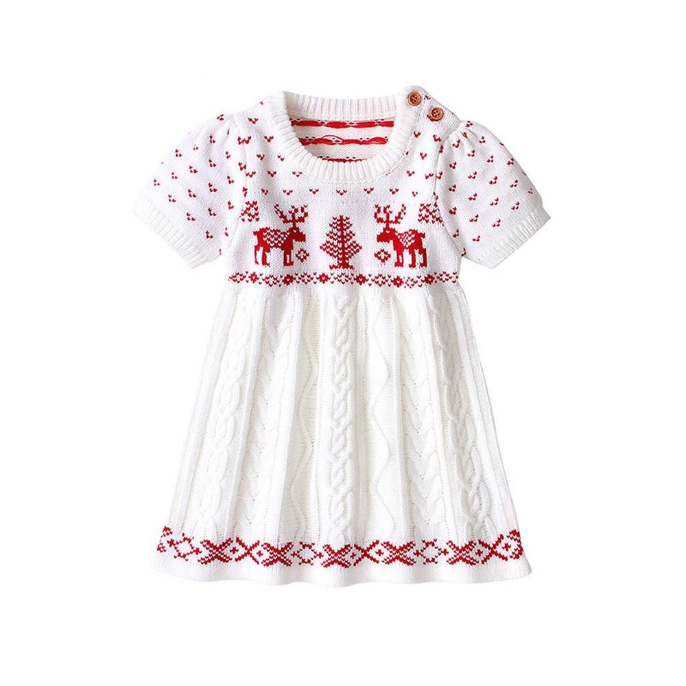Kids Fall Dress Toddler Kids Baby Girls Christmas Knit Sweater Princess Party Dress Xmas Outfits Formal Long Sleeve Dress (White, 6-12 Months)