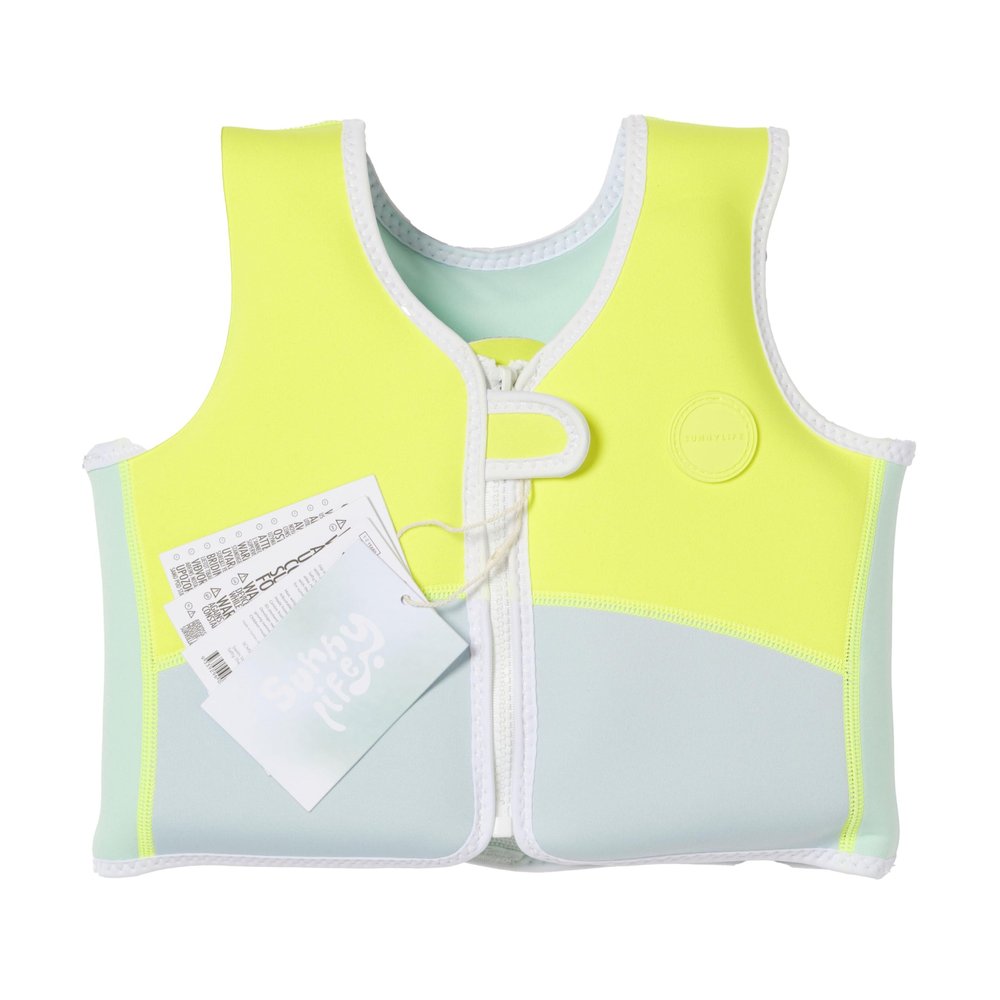 SUNNYLiFE Swim Vest - Constructed with Neoprene Plus a Secure Front Zip and Develop Water Confidence. | Toddler Swim Vest (Salty The Shark | Aqua Neon Yellow, 1-2)