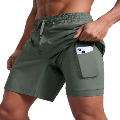 CRZ YOGA Mens 2 in 1 Running Shorts 7" - Lined Workout Quick Dry Lightweight for Sports Athletic with Pockets Grey Sage Small