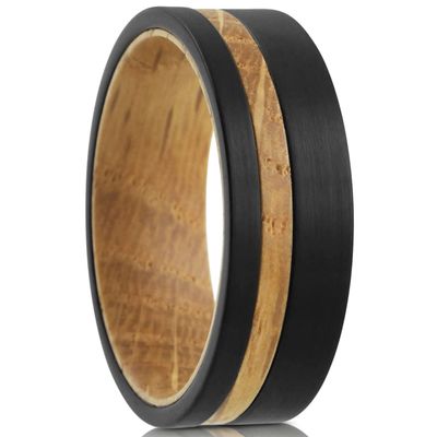 Elegant 8mm Brushed Satin Finish Black Tungsten Carbide Band Ring with Off-Center Whiskey Barrel Oak Wood Stripe and Whiskey Barrel Comfort Fit Inner Band. (8mm 11.5)
