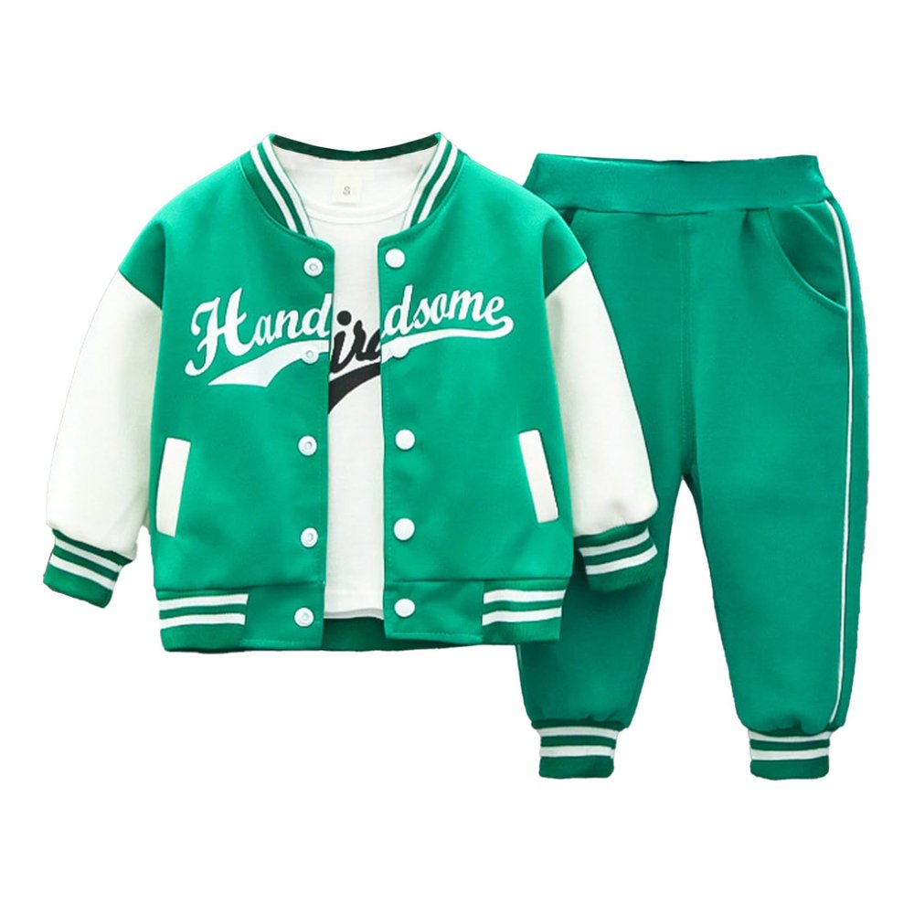 YEAHDOR Toddler Boys Sports Baseball Outfits Print T-Shirt Varsity Jacket Coat and Pants Set Athletic Uniform Green 3-4 Years