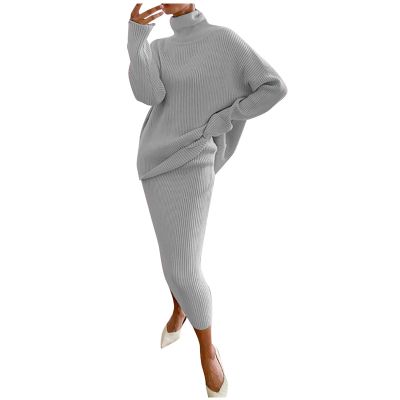 Vifucz Women Casual Solid Knitting Slimming Hip Wrap Sleeve Turtleneck Sweaters Skirt Suit Gray S