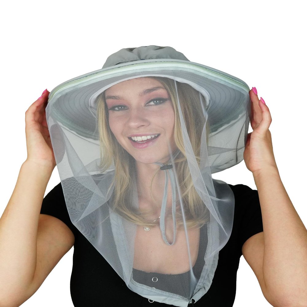 AGGAFA Mosquito Head Net Hat, Providing a Physical Barrier to Help Keep Mosquitoes and Bugs Away from Your Face When Gardening, Farming, Fishing, and Camping (Light Grey Hat)