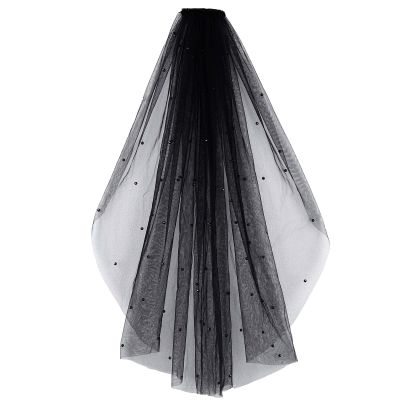 Acenail Black Veil Pearls Wedding Brides Veils Short Funeral Veils with Comb Fingertip Mourning Halloween Veil for Women (1T Pearl)