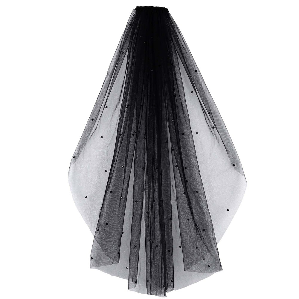 Acenail Black Veil Pearls Wedding Brides Veils Short Funeral Veils with Comb Fingertip Mourning Halloween Veil for Women (1T Pearl)